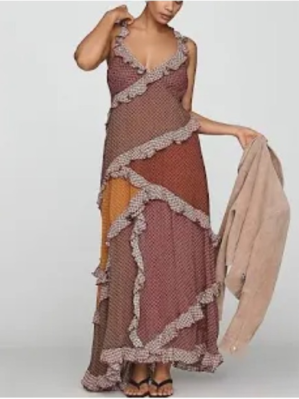 Anthropologie. NWT. Patchwork Ruffle Maxi Dress in Rust and Mustard. LG. - Picture 2 of 2